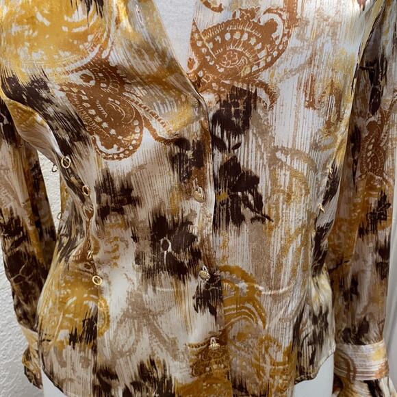 St. John Couture Button Down Silk Vintage Blouse Sz 8 Abstract Brown Gold - Picture 2 of 9
